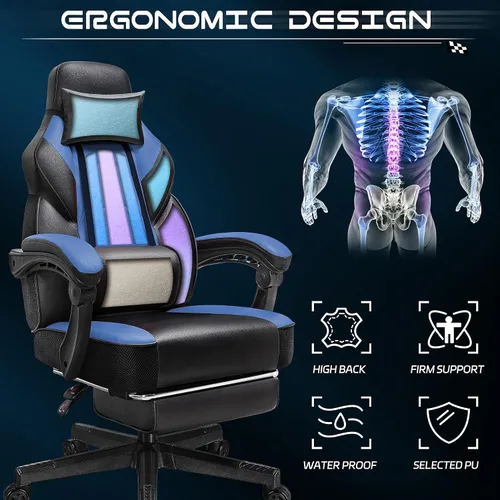 Vista 5 de Silla de videojuegos para adultos, silla de juegos con reposapiés, silla de computadora grande y alta con soporte lumbar de masaje, capacidad