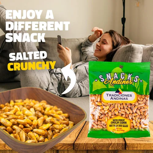 Vista 4 de Tradiciones Andinas Chulpe Salado Crujiente de Maíz 4.59 oz - Snack Chulpi Frito y Salado, Salado Frito, Productos Peruanos Listo para Comer, Bolsas