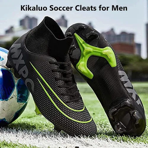Vista 5 de Botines de fútbol para hombre, zapatos de fútbol de caña alta, con cordones, antideslizantes, botas profesionales de césped firme para exteriores