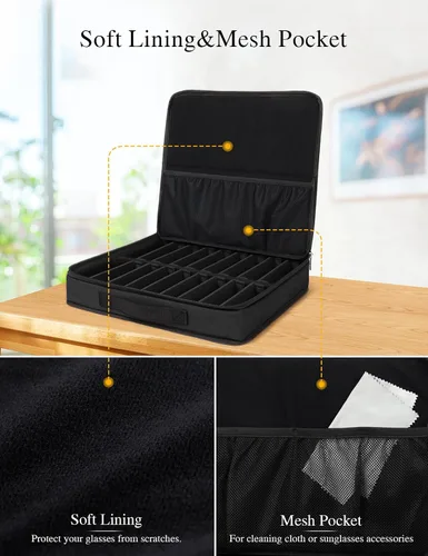 Vista 4 de Bukere Sunglasses Organizer Case, 18 Adjustable Slots for Multiple Pairs Eyeglasses, Travel Glasses Holder Storage Box