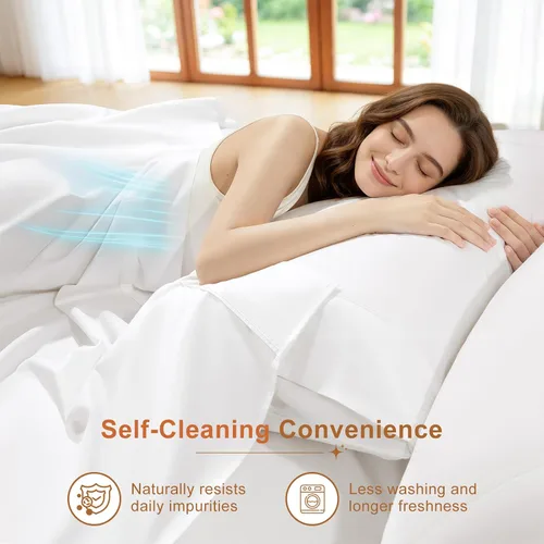 Vista 11 de SONORO KATE Juego de sábanas con infusión de plata, 100% algodón con tecnología de autolimpieza, 600 hilos, transpirables, hipoalergénicas, 3 veces