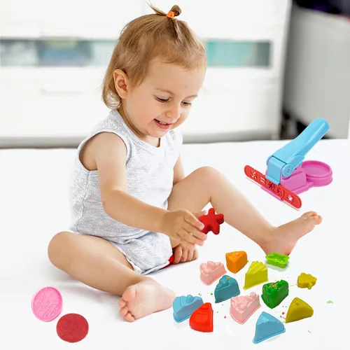 Vista 5 de Juego de herramientas de masa para niños, accesorios de juguete que incluyen sellos, cortador de tijera, moldes de extrusora de rodillos y caja