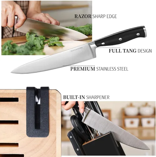 Vista 4 de Juego de cuchillos negros, juego de 15 piezas con afilador integrado y tijeras para cocina, juego de cuchillos aptos para lavavajillas, regalo ideal