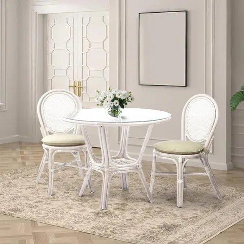 Vista 2 de Denver Dining - Silla auxiliar de mimbre hecha a mano con cojín color crema, ratán natural, lavado blanco Colonial