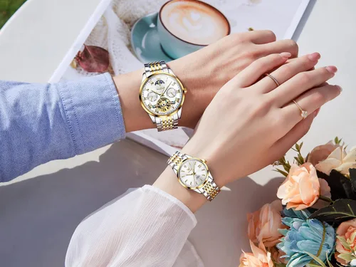 Vista 3 de OLEVS Juego de pares de relojes mecánicos automáticos con cuerda automática reloj a juego para él y ella regalos del día de San Valentín
