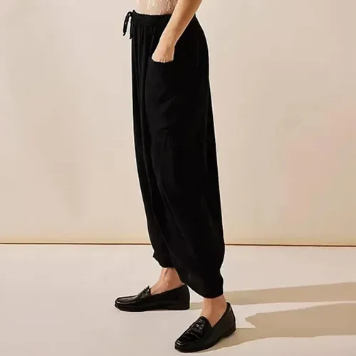 Vista 7 de Quinn - Pantalones de lino para mujer, talla grande, de pierna ancha, con bolsillos, holgados, hippie, harén, bohemios, para playa
