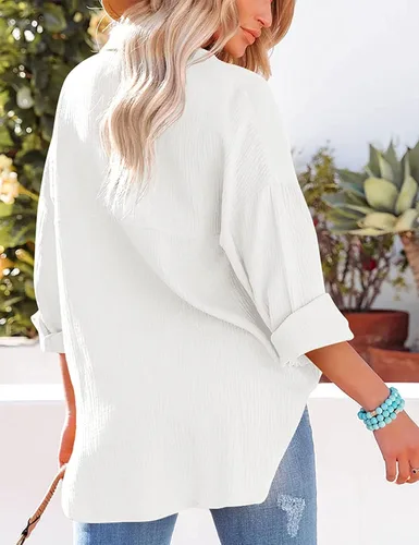 Vista 5 de Mingzhu Blusa de gasa con botones de algodón de gran tamaño para mujer, con cuello y manga larga