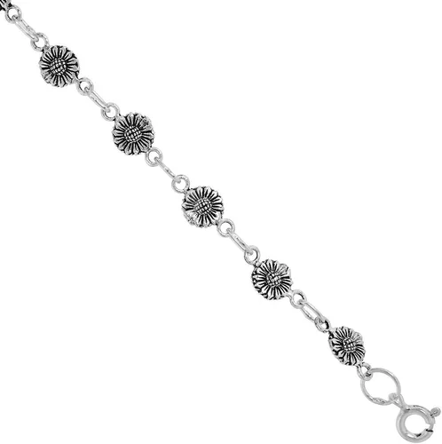 Vista 2 de Delicada pulsera de girasol de plata de ley para mujeres y niñas, 14 de ancho 7.5 pulgadas de largo, Plata de ley, Sin gemas.