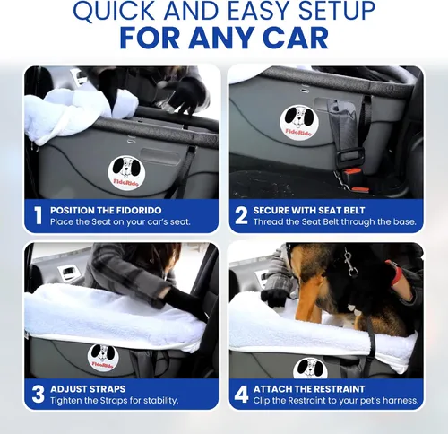 Vista 7 de FIDORIDO Asiento de automóvil para perro, asiento de auto con funda, arnés y correas, base de plástico duradero, cómodos cojines, fácil de instalar