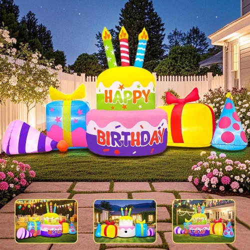 Vista 3 de Decoración inflable de pastel de cumpleaños feliz de 8 pies con velas, decoraciones inflables para patio exterior, luces LED integradas para fiestas