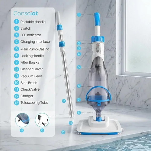 Vista 7 de Consciot Aspiradora de piscina para piscina sobre el suelo y piscina enterrada, limpiador de mano recargable con poste telescópico, succión de 18.5