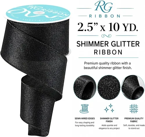 Vista 2 de Cinta negra con alambre, suministro de manualidades ShimmerAccent para hacer coronas, 2.5 pulgadas x 10 yardas, Halloween, purpurina, luto, Navidad