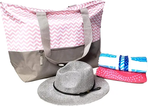 Vista 8 de Bolsa de fin de semana con estampado de cheurón XL con asas de malla y bolsillo exterior con cremallera