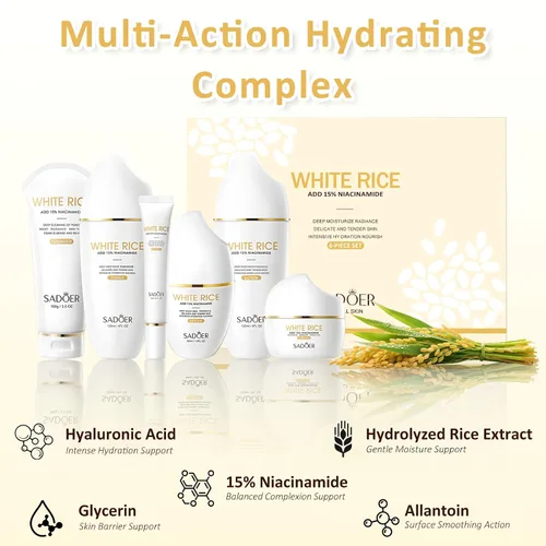 Vista 4 de FOR SADOER Rice Niacinamide Skincare Set – Kit de 6 piezas de cuidado de la piel reafirmante con limpiador, tónico, loción, crema para los ojos