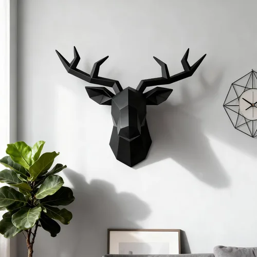 Vista 6 de XYQXYQ Escultura de pared de cabeza de ciervo negro,Arte moderno para colgar en la pared,Decoración de pared 3D,Decoración de cabeza animal