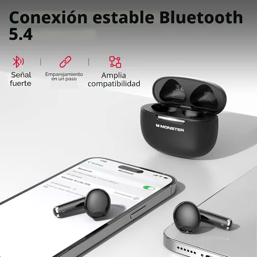 Vista 3 de Monster N-Lite 208 - Auriculares inalámbricos Bluetooth 5.4 con micrófono integrado, control táctil, auriculares Bluetooth con tiempo