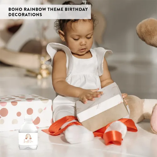 Vista 7 de Andaz Press Etiquetas impermeables para botellas de agua de primer cumpleaños con diseño de arco iris bohemio, envolturas brillantes para botellas