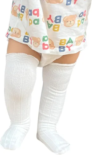 Vista 7 de Bestjybt Calcetines altos hasta la rodilla para bebés y niños, de algodón, con tubo de punto trenzado y volantes, 5 pares