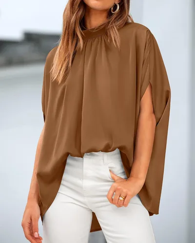 Vista 5 de BTFBM Blusas de verano para mujer, cuello alto falso, manga murciélago, holgadas, dobladillo alto y bajo, blusas informales de gran
