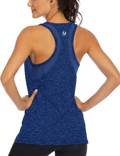 Vista 9 de ICTIVE - Camiseta sin mangas de entrenamiento para mujer, ajuste holgado, malla de yoga, espalda cruzada, espalda abierta Albaricoque