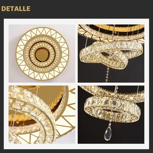 Vista 5 de Siljoy Candelabros de cristal dorado de 32 pulgadas, 3 anillos LED de montaje empotrado, lámparas de techo regulables para sala de estar, comedor
