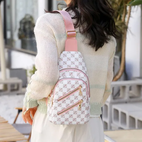 Vista 5 de Mochila tipo bandolera para mujer, bolsa de pecho, mochila cruzada (B-rosa), Rosado, Moda