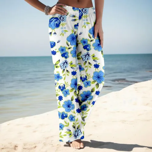 Vista 4 de Lroplie Pantalones casuales para mujer, modernos y ligeros, de cintura alta, casuales, cintura elástica, pierna ancha, con bolsillos