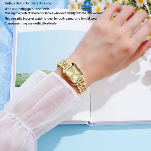 Vista 2 de Relojes para mujer, caja rectangular vintage, banda de acero inoxidable, reloj de pulsera para mujer, números romanos simples, resistente al agua