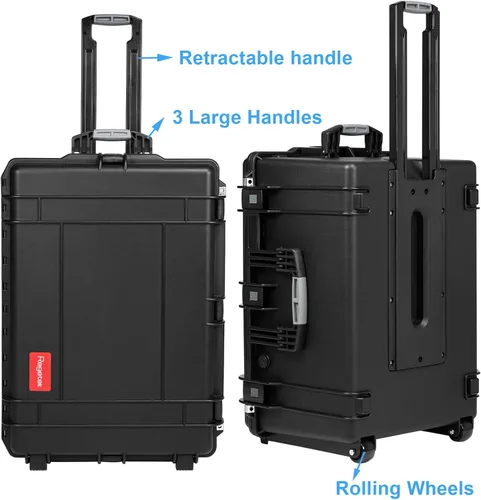 Vista 6 de Regetek Funda rígida impermeable con ruedas, espuma personalizable de 29 x 20.5 x 16 pulgadas, funda de transporte de equipo para cámara, dron