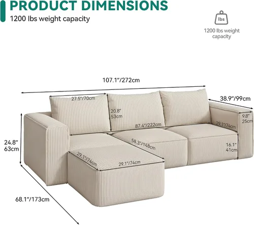 Vista 2 de YITAHOME Sofá modular Cloud de 107 pulgadas con diván en forma de L, asiento profundo y 3 almohadas, sofá de pana para sala de estar y dormitorio
