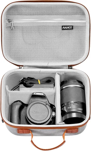Vista 8 de RAIACE Funda rígida de transporte compatible con Canon EOS Rebel T7 / R100 / R50, para Sony, para cámara Nikon, funda protectora con bolsillo