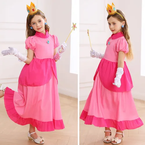 Vista 3 de iTVTi Disfraz de princesa melocotón para niñas, disfraz rosa, disfraz de Halloween, fiesta de cumpleaños