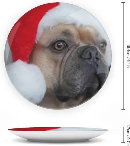 Vista 2 de Platos decorativos de Navidad para exhibición, Bulldog con sombrero de Papá Noel, divertidos platos de pared de cerámica de animales, platos