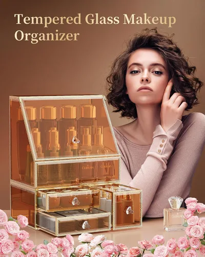 Vista 4 de CoralHouse Organizador de maquillaje, organizador de maquillaje ámbar con cajón, soporte para el cuidado de la piel para encimera de baño, vitrina
