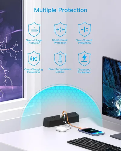 Vista 4 de Regleta de alimentación con abrazadera de escritorio con PD30W USB-C, cable de extensión HANYCONY de 5 pies, estación de carga de montaje