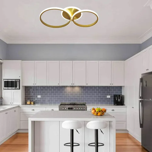 Vista 6 de Lámpara de techo LED moderna, lámpara de techo de montaje empotrado de 40 W con círculo de dos anillos, lámparas acrílicas doradas para sala