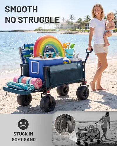 Vista 5 de TIMBER RIDGE Beach Wagon with Balloon Wheels& All-Terrain Wheels, Tailgate 300 lbs Heavy Duty Foldable Wagon for Sand Camping Sports，47" L Beach
