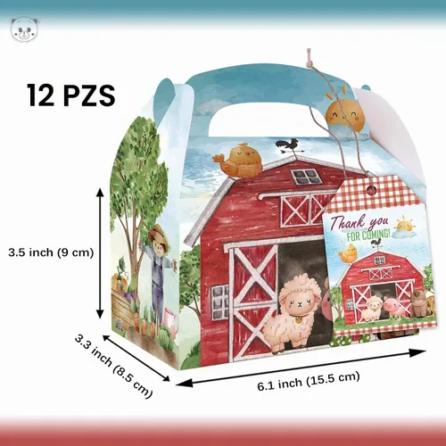Vista 2 de Cajas de fiesta de granja, 12 cajas de regalo temáticas de granja con tarjetas de agradecimiento para cumpleaños, suministros de fiesta temática