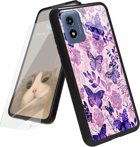 Vista 23 de Funda para Motorola Moto G Play 4G 2024 con protector de pantalla, parte trasera de vidrio templado + funda de silicona suave TPU absorción