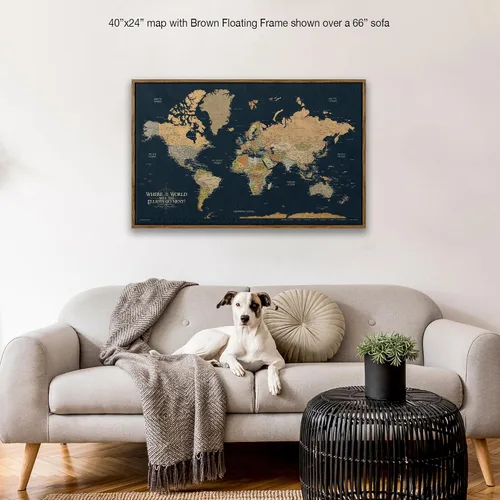 Vista 6 de HolyCowCanvas Mapa del mundo personalizado sobre lienzo en tonos clásicos de tierra sobre fondo azul marino, tablero enmarcado de mapa del mundo