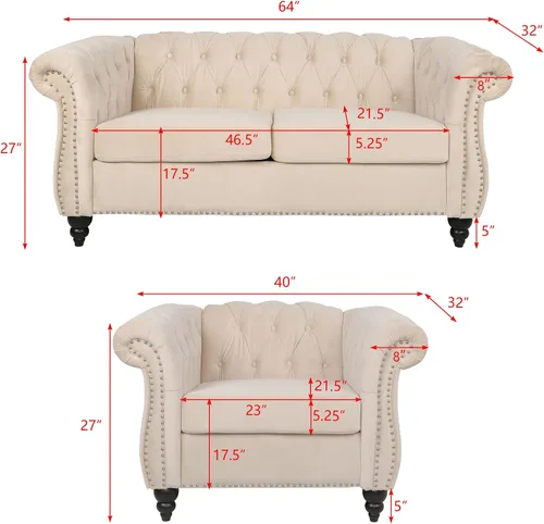 Vista 2 de RARZOE Chesterfield - Juego de sofá biplaza, beige, espuma, 1+2 plazas, 67 pulgadas de ancho x 32 pulgadas de profundidad x 27 pulgadas de alto