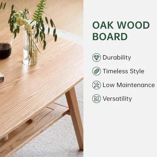 Vista 6 de Mesa de centro 100% de madera de roble maciza para sala de estar, mesa pequeña con almacenamiento en estantes, mesas de centro modernas de mediados