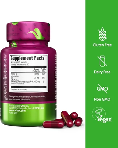 Vista 2 de ORZAX Cápsulas de saúco, suplemento de apoyo inmunológico con vitamina C y zinc de saúco, suplemento antioxidante para mujeres y hombres