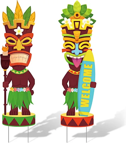 Vista 8 de Queekay 2 carteles de Tiki Yard Luau Hawaiian Tropical Party Decoración al aire libre Tiki Bar Letrero con estacas para verano (estilo iluminado)