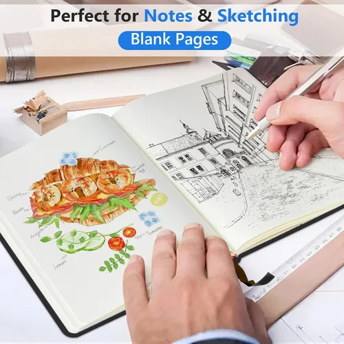 Vista 3 de PERCUN Diario en blanco para hombres y mujeres, 160 páginas en blanco para escribir, dibujar, cuaderno de bocetos, cuaderno de bocetos de cuero