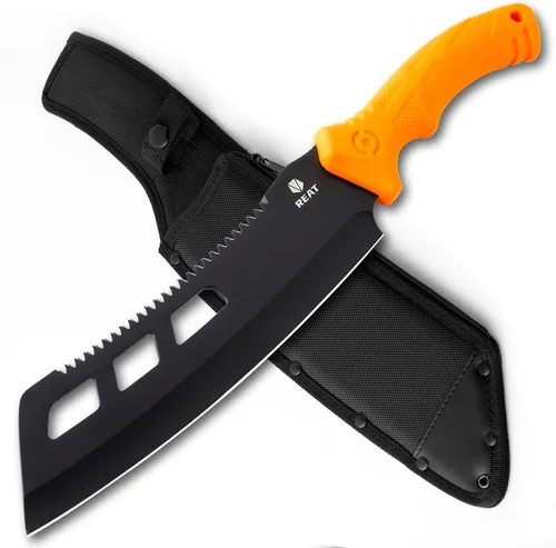Vista 10 de REAT Machete con sierra, machete resistente de 16 pulgadas con funda, cuchillo de jardinería de doble propósito para cortar y aserrar, mango