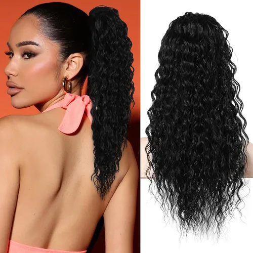 Vista 18 de Flufymooz Extensión de cola de caballo, 22 pulgadas, estilo bohemio, con cordón, extensiones de cabello para mujer, cola de caballo larga, rizada