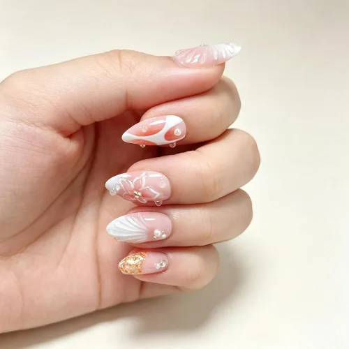 Vista 17 de Uñas postizas a presión medianas con diseño geométrico blanco almendra – 24 uñas postizas reutilizables de ABS brillante, fácil de aplicar, juego
