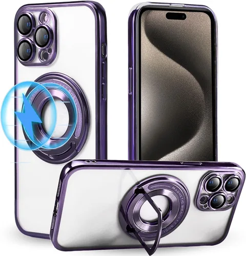 Vista 8 de Funda magnética con soporte invisible para iPhone 15 Pro Max, compatible con MagSafe, protector de lente de cámara integrado, chapado de lujo
