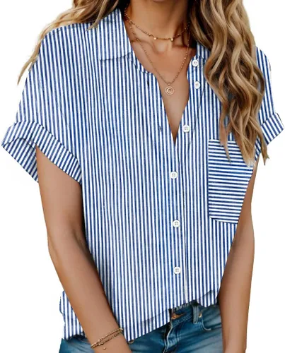 Vista 29 de HOTOUCH Camisas de Lino para Mujer con Botones Blusas de Manga Corta de Algodón Cuello en V con Cuello Tops de Gasa con Botones S-3XL